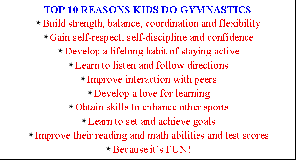 Text Box: TOP 10 REASONS KIDS DO GYMNASTICS
￼Build strength, balance, coordination and flexibility
￼Gain self-respect, self-discipline and confidence
￼Develop a lifelong habit of staying active
￼Learn to listen and follow directions
￼Improve interaction with peers
￼Develop a love for learning
￼Obtain skills to enhance other sports
￼Learn to set and achieve goals
￼Improve their reading and math abilities and test scores
￼Because it�s FUN!